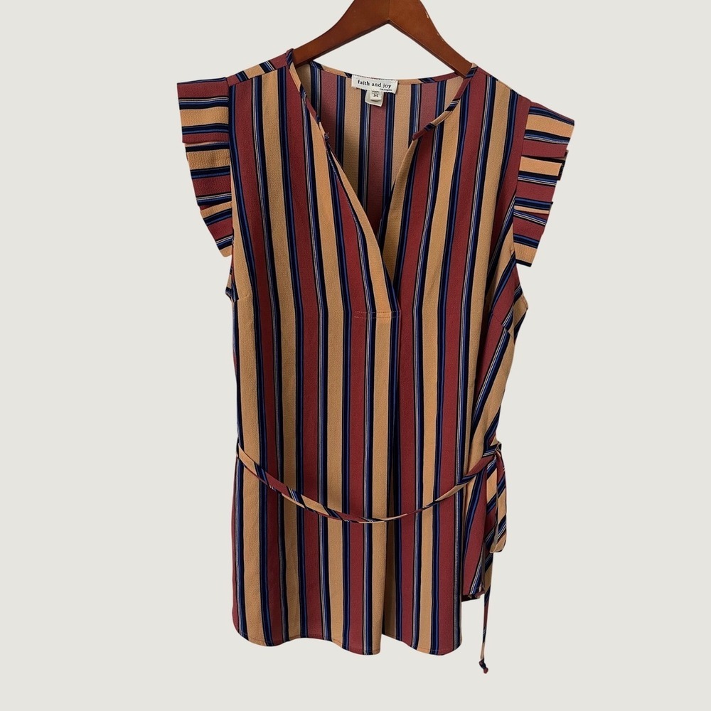 Faith and Joy Los Angeles Striped Ruffle Sleeve Tie Waist Blouse M casual boho